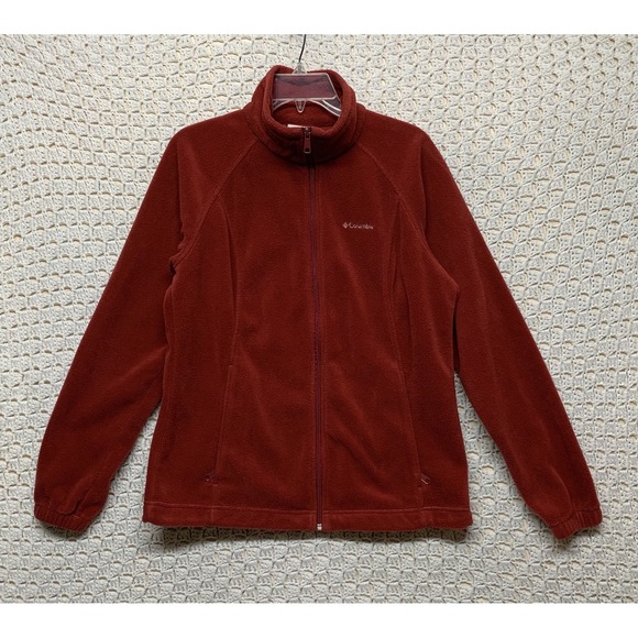 Columbia Fleece Jacket Women Sz L Red Spring Full Zip Pockets Activewear - Picture 1 of 10
